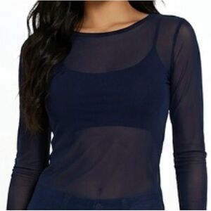 90s Y2K Sheer 100% Silk Mesh Navy Minimalist Club Wear Layering Long Sleeve Top